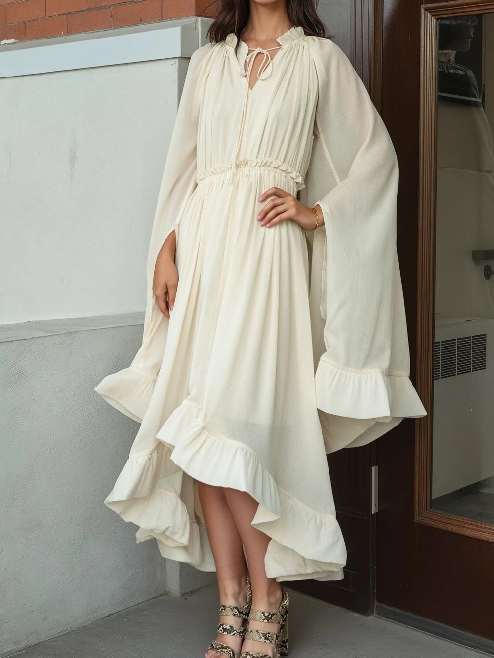 Ruffled midi dress with cape sleeves ivory NWOT - Picture 5 of 10